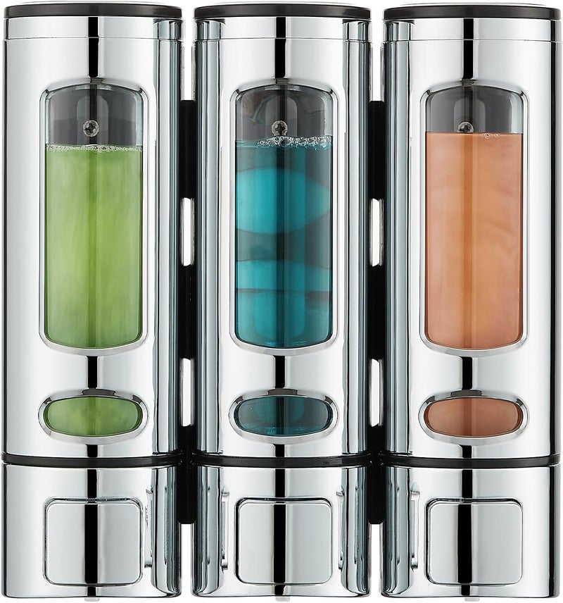 pollock Shampoo and Conditioner Dispenser,Shower Shampoo Dispenser 3 Chamber No Drilled Shampoo Dispenser for Shower Wall Mounted Shower Dispenser Body Wash Dispenser for Bathroom Kitchen Hotel,Chrome - Image 1